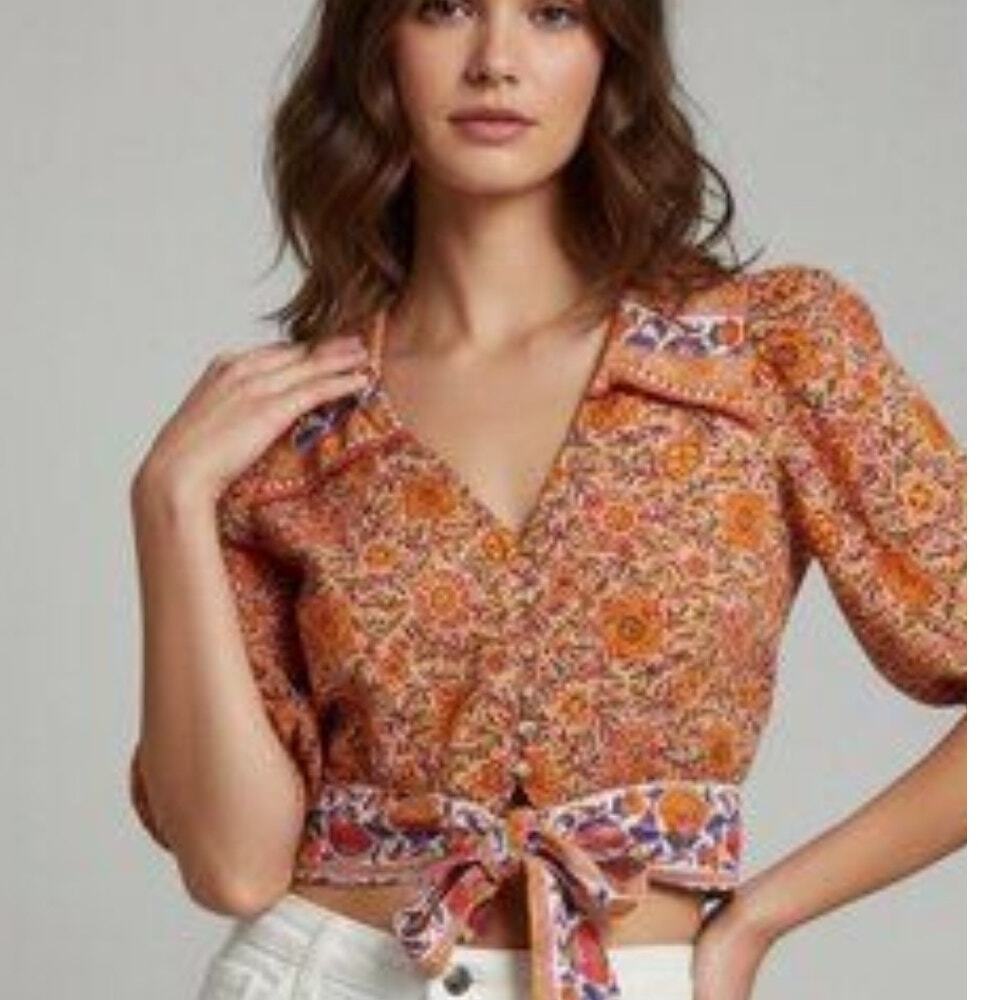 Rachel Zoe Cropped Tie Hem Top Womens Medium Orange Floral Puff Sleeve Blouse